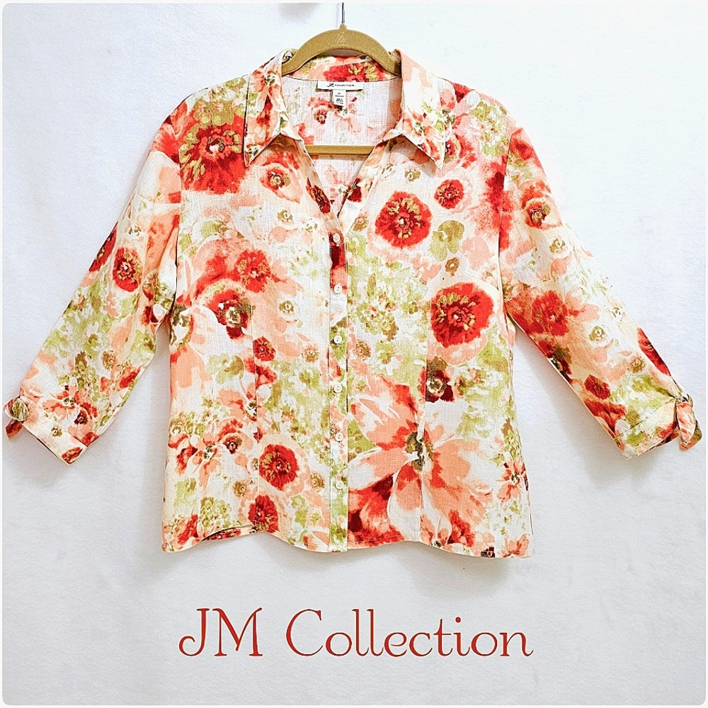 Pure Linen Sweet Floral Blouse by JM Collection, Size 12.